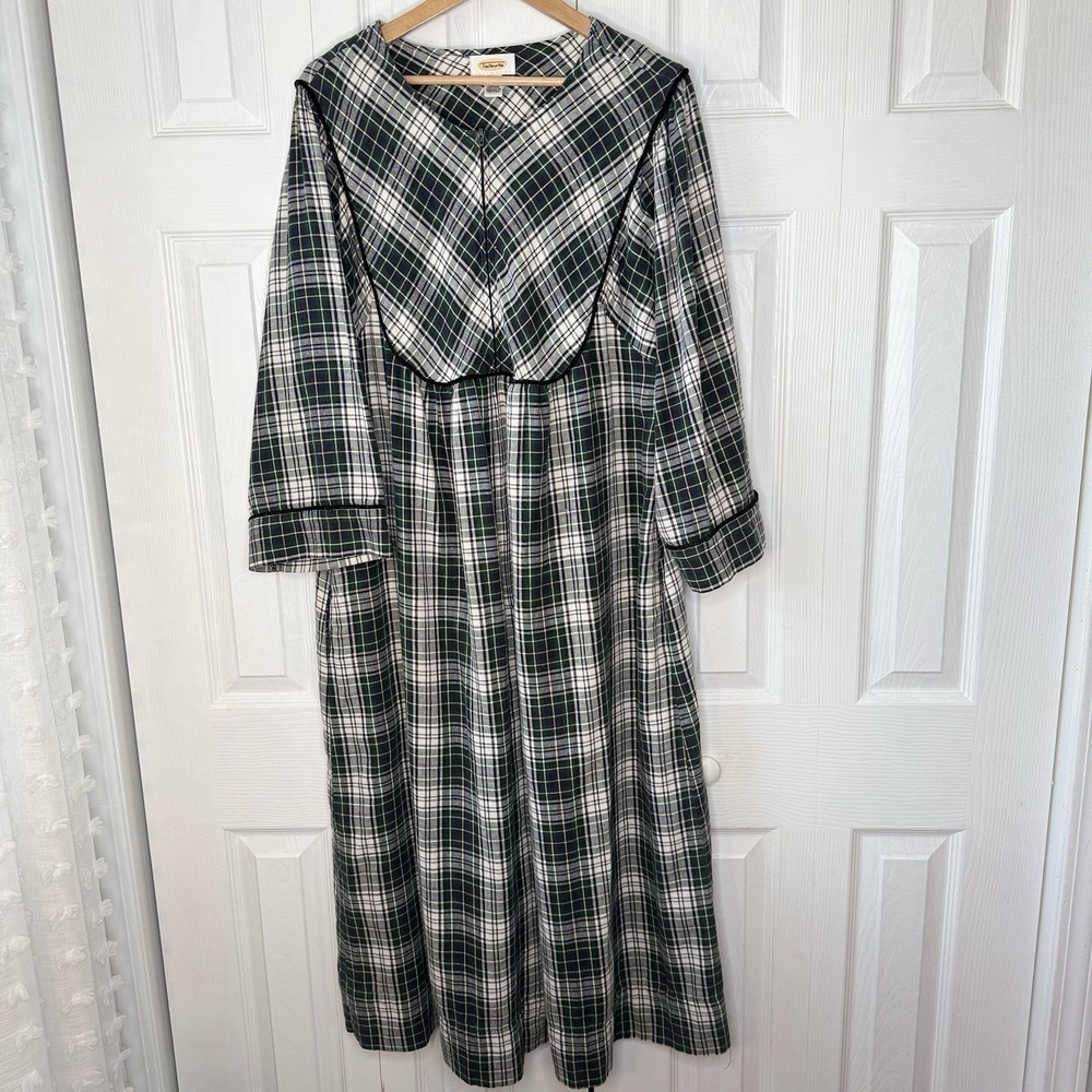 Talbotsโ Intimates Plaid Flannel Nightgown XL Tartan Blue Zip Front Maxi Pockets